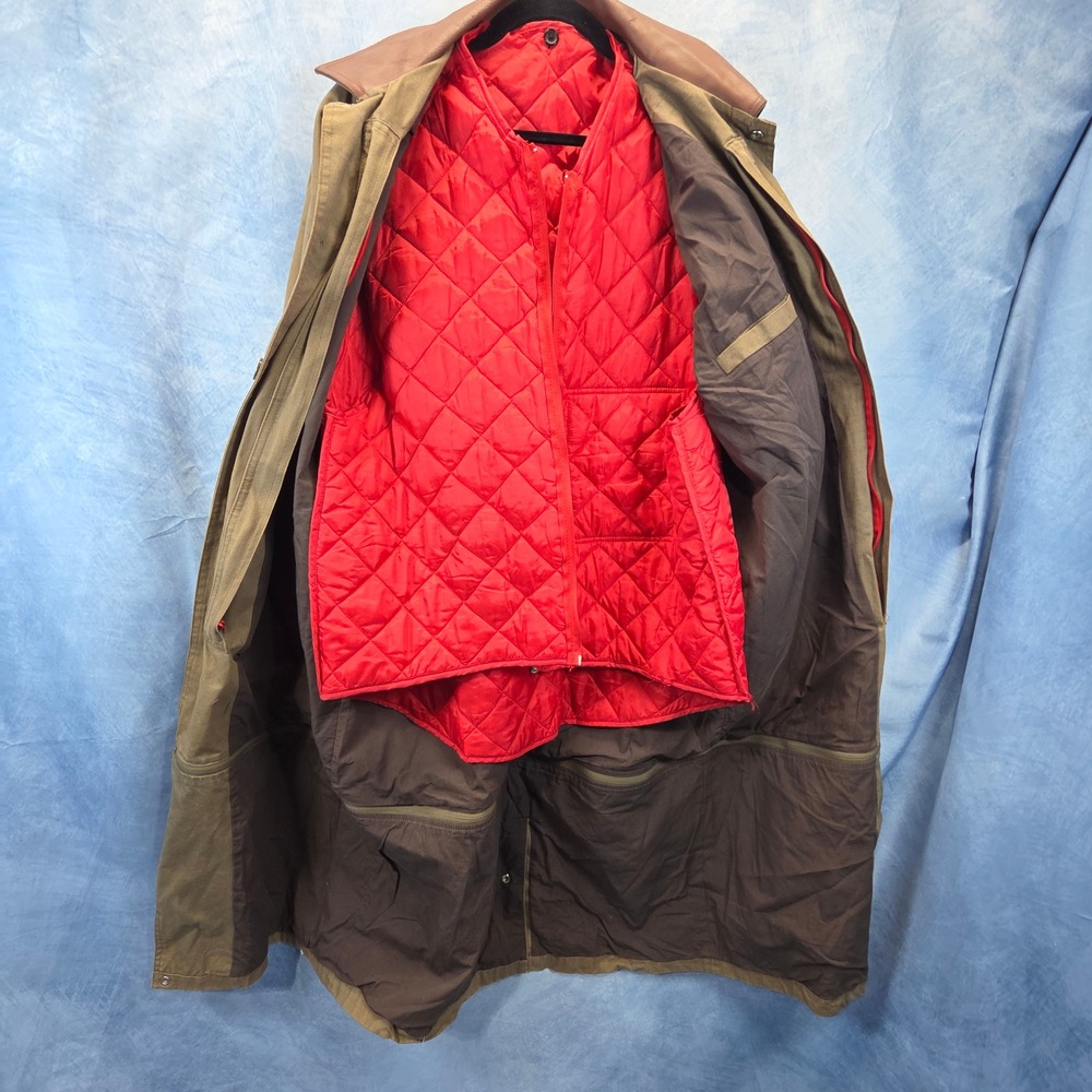 Vintage Marlborough Brown Canvas Duster Coat Leather Collar Red Quilted Liner XL - Picture 4 of 12